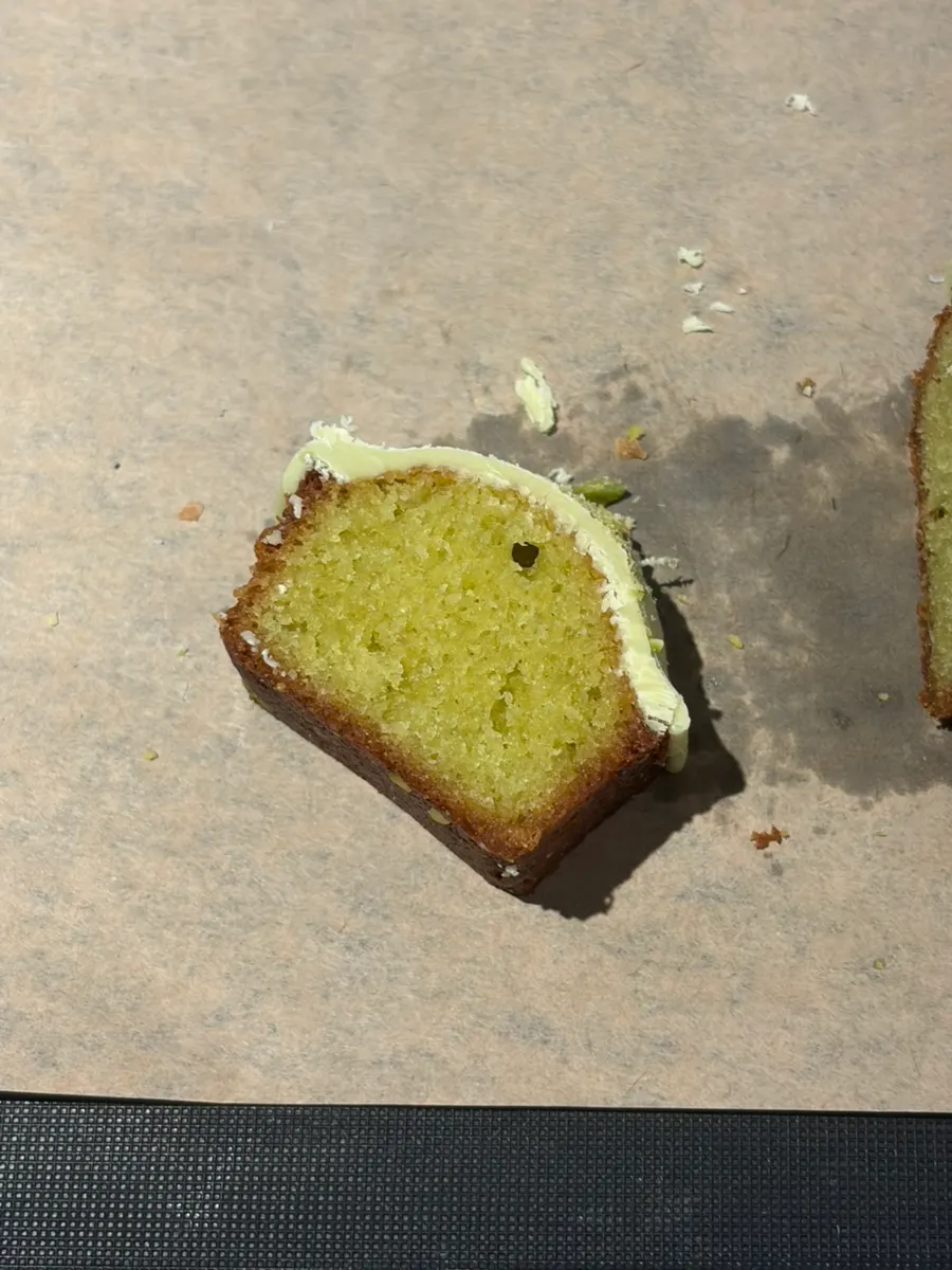 Cross-section of the pistachio financier cut into bite-sized pieces