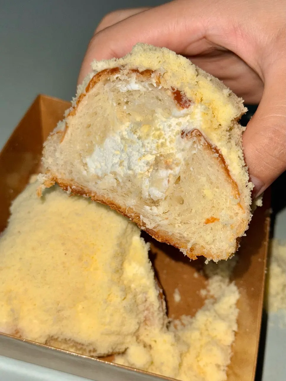 Cross-section of castella salt bread filled with cream