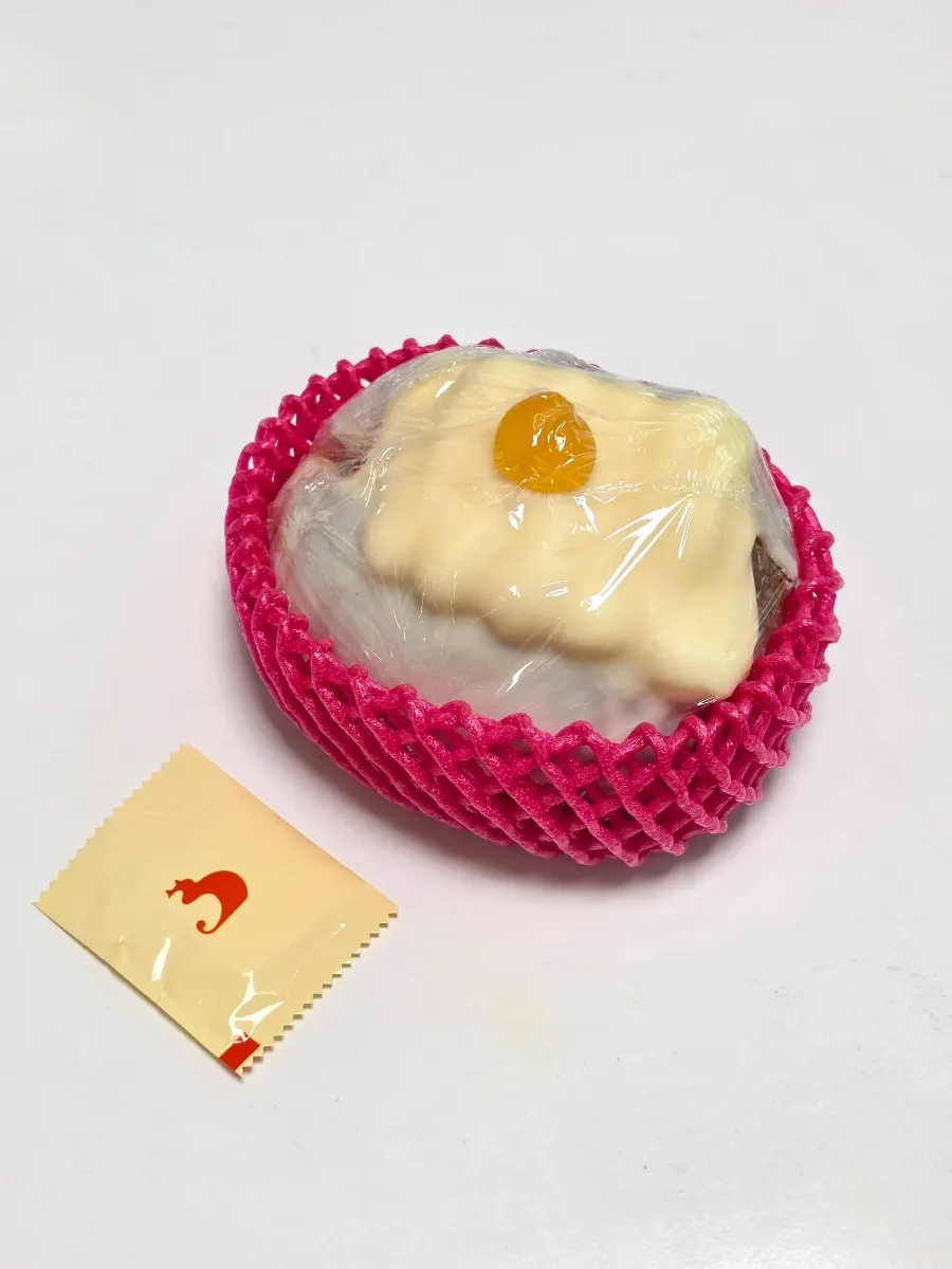 Peach yogurt wakppu salt bread wrapped in fruit netting