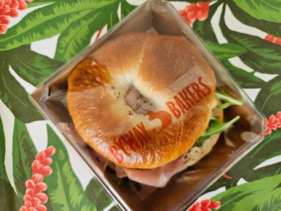 Jambon bagel sandwich unwrapped at home