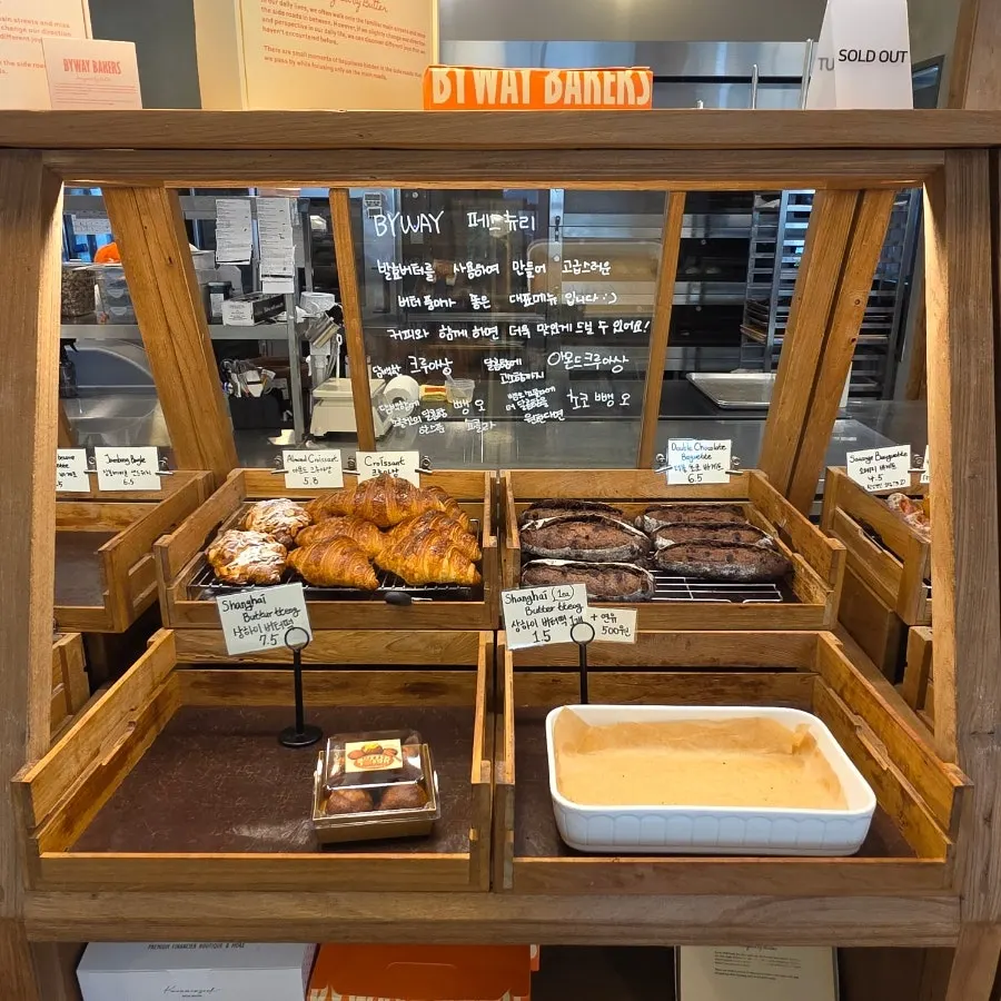 Bagels arranged in the display case