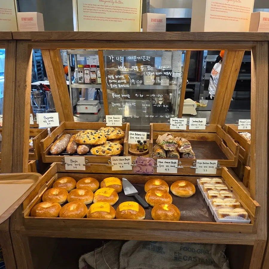 Baguettes and focaccia on the display shelf