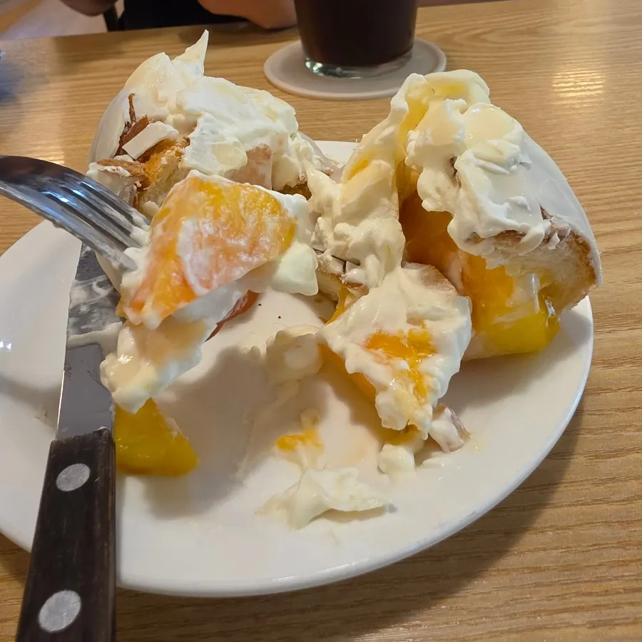 Cross-section of the peach yogurt wakppu salt bread cut in half