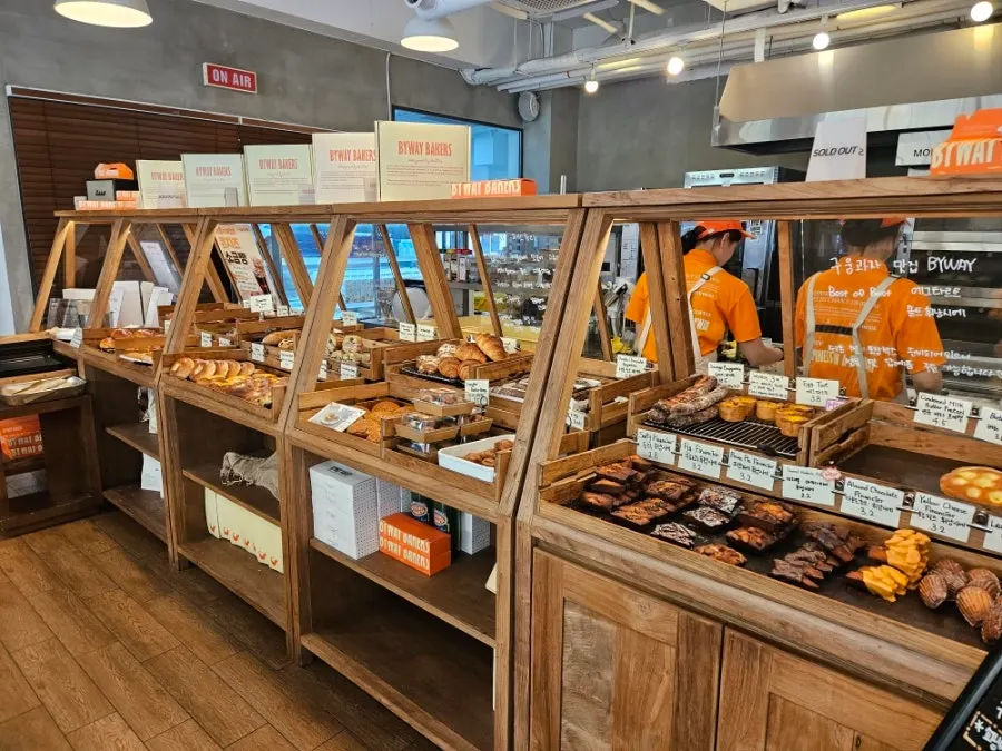 Bakery shelves packed with bread