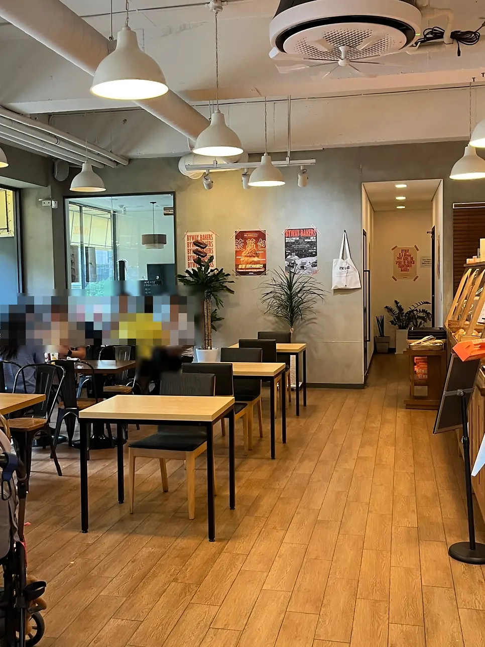 Spacious, bright bakery interior seating