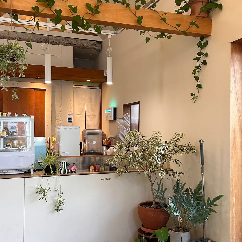 Interior of Café Buajang with picture window and plants