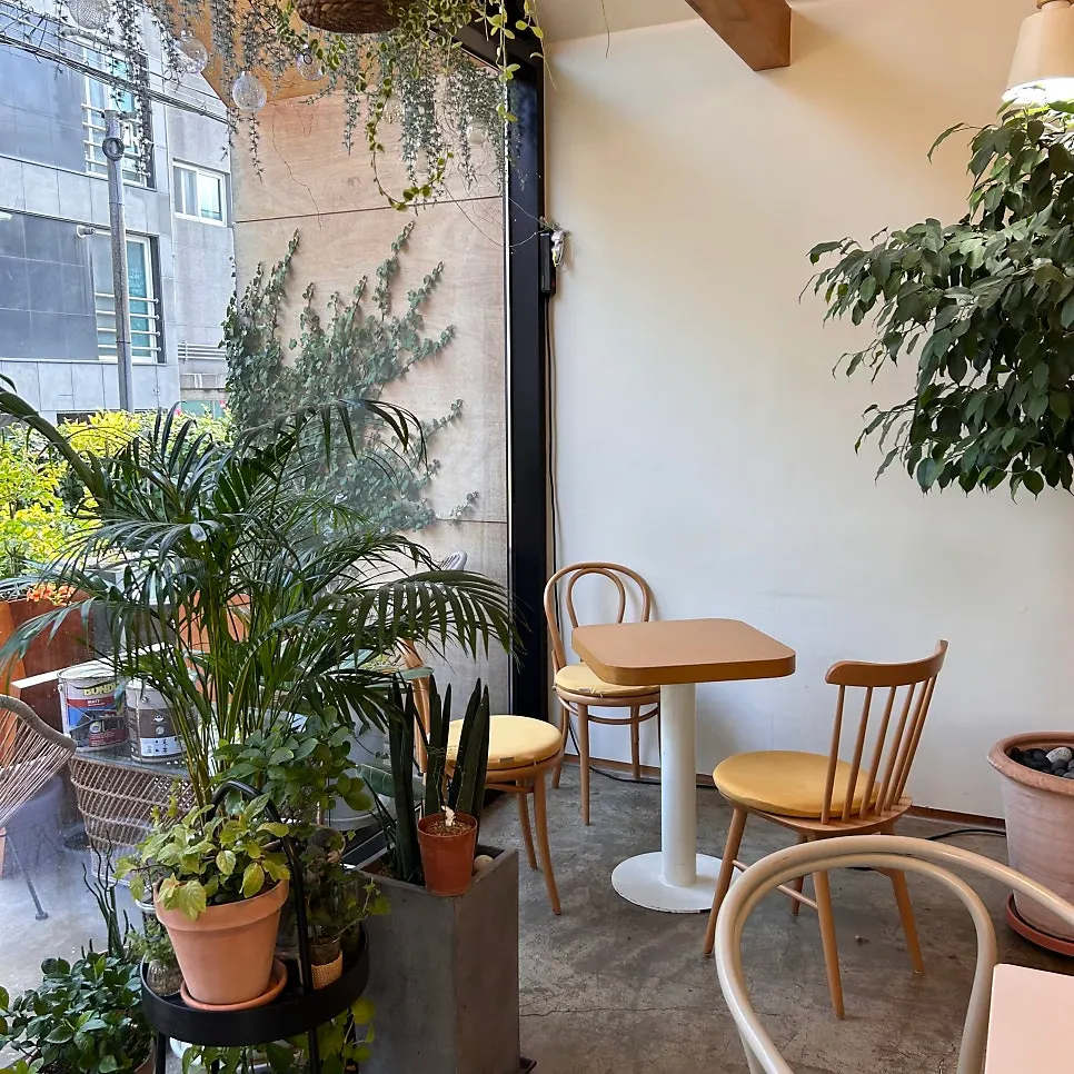 Table seating surrounded by plants