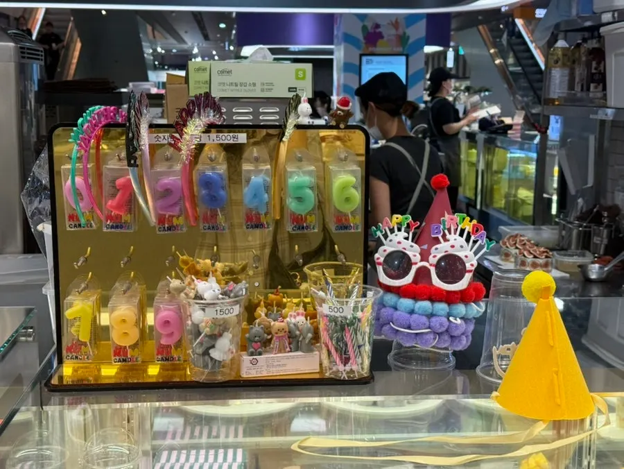 Display of party items including number candles and party hats