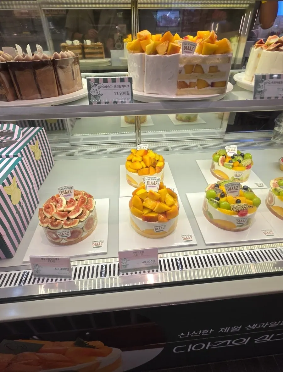 Various fresh fruit cake slices displayed in the showcase