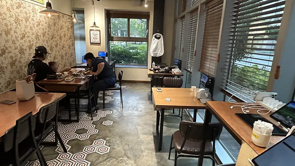 Restaurant seating set up as 2- and 4-person tables