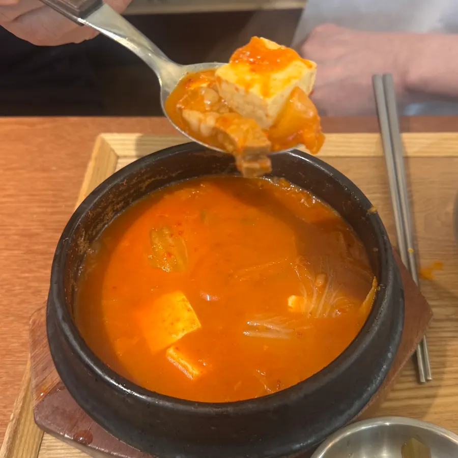 Close-up of the kimchi jjigae broth