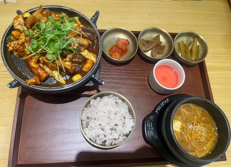 Full spread of the grandma's octopus stir-fry Korean course set