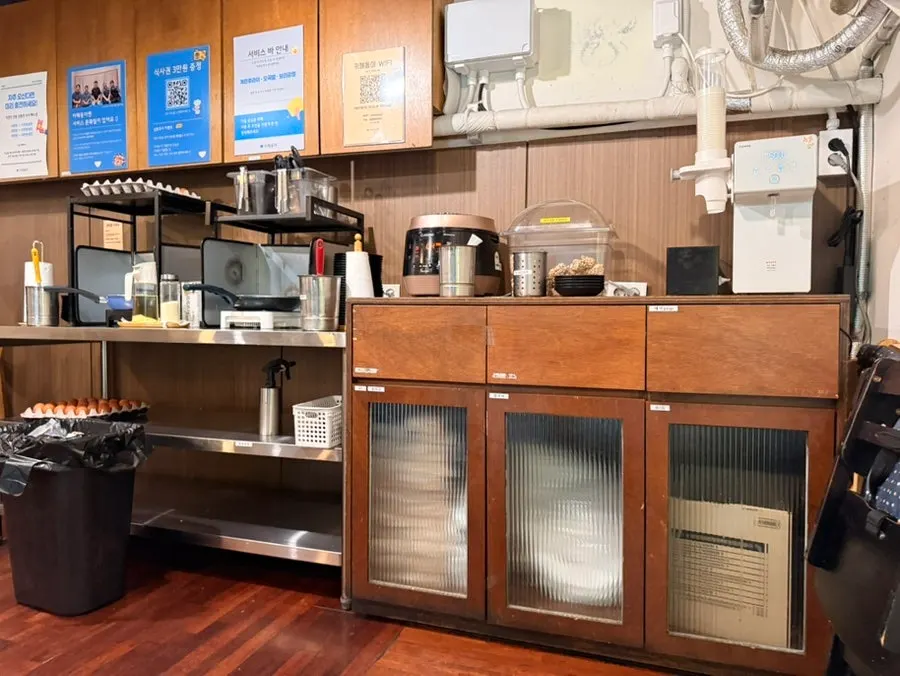 Unlimited fried egg station on the 2nd floor
