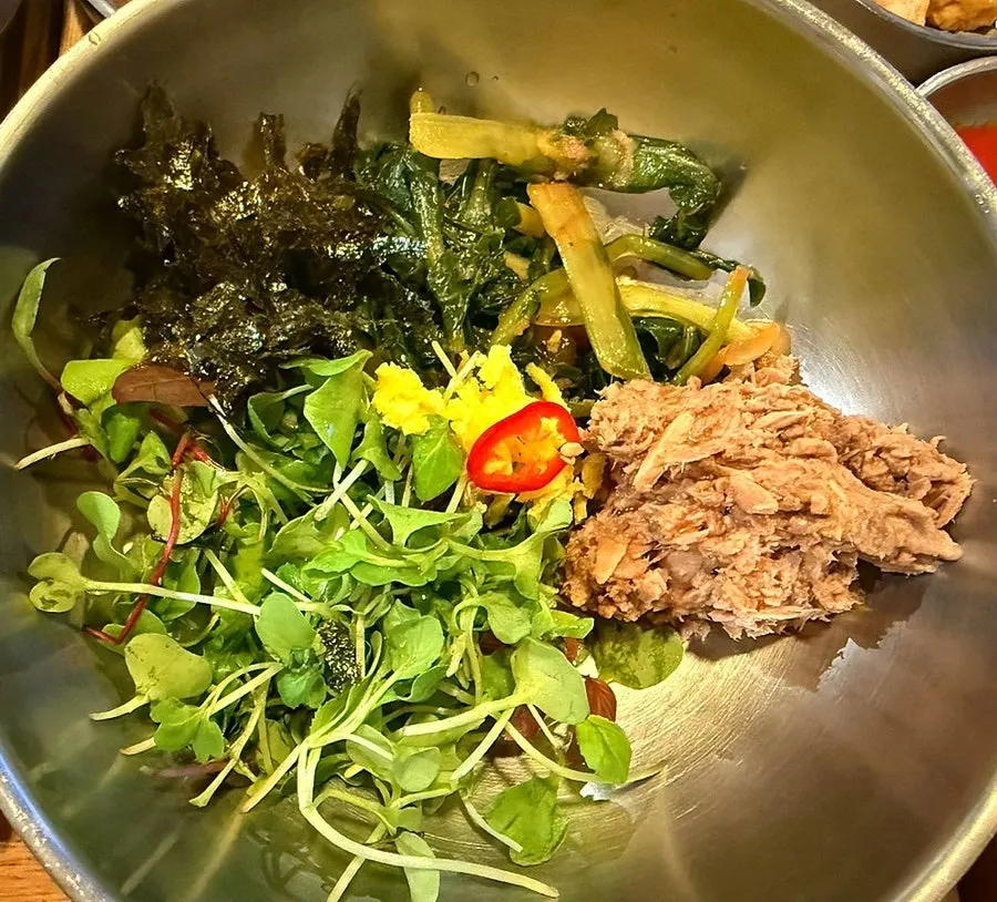 Yeolmu tuna bibimbap topped with tuna