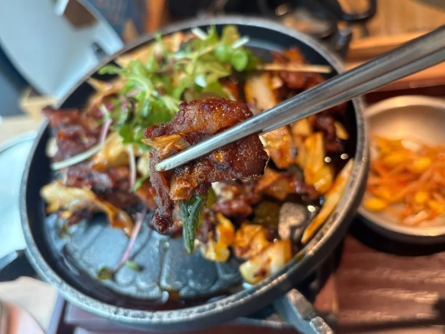 Fire-grilled pork bulgogi on the solo tabletop grill