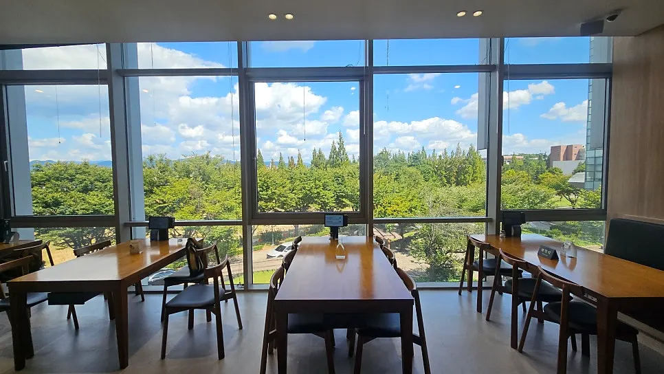 Interior of Cafe Dongi with floor-to-ceiling windows