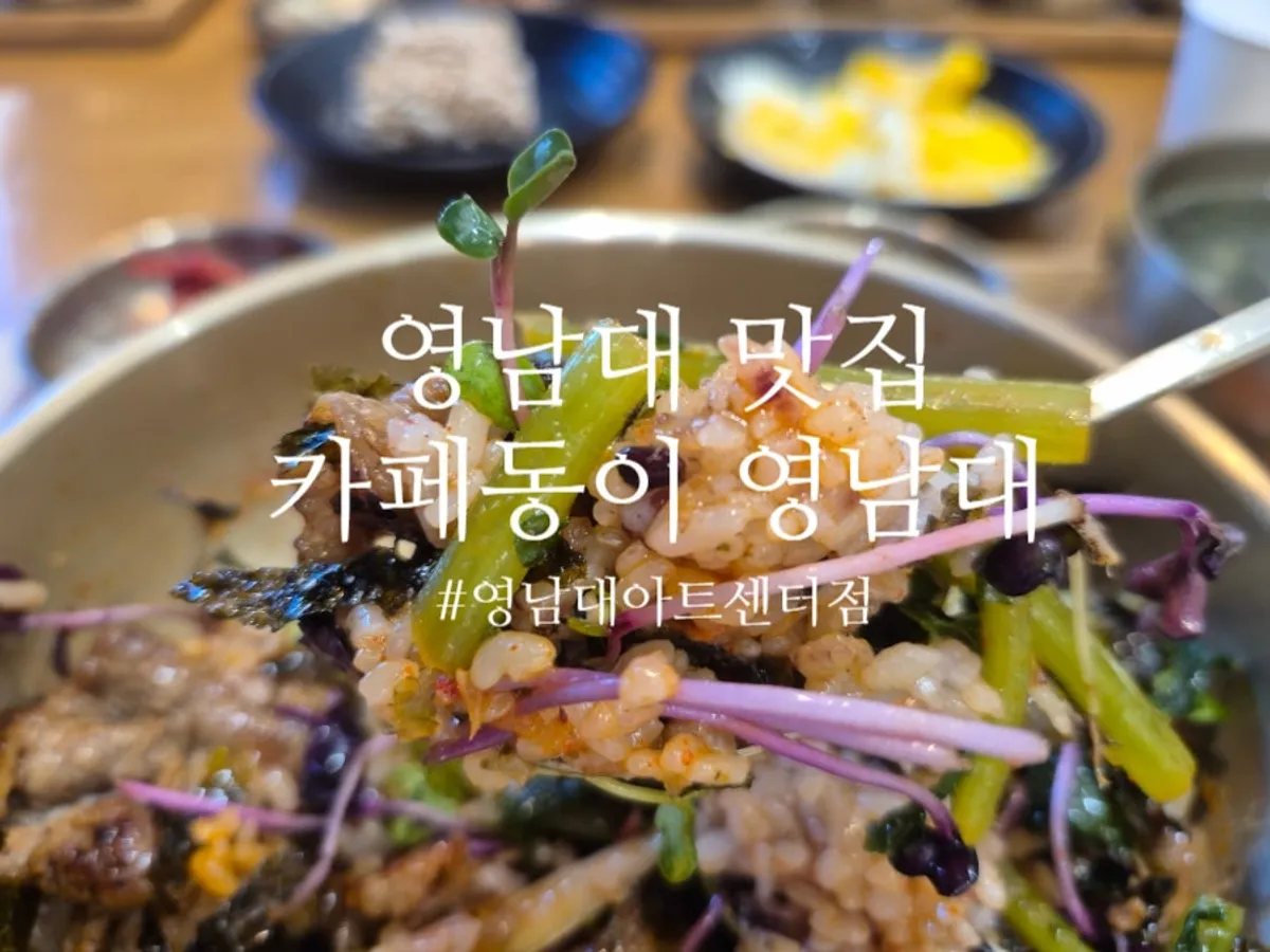 Full table setting of Cafe Dongi's bulgogi yeolmu bibimbap