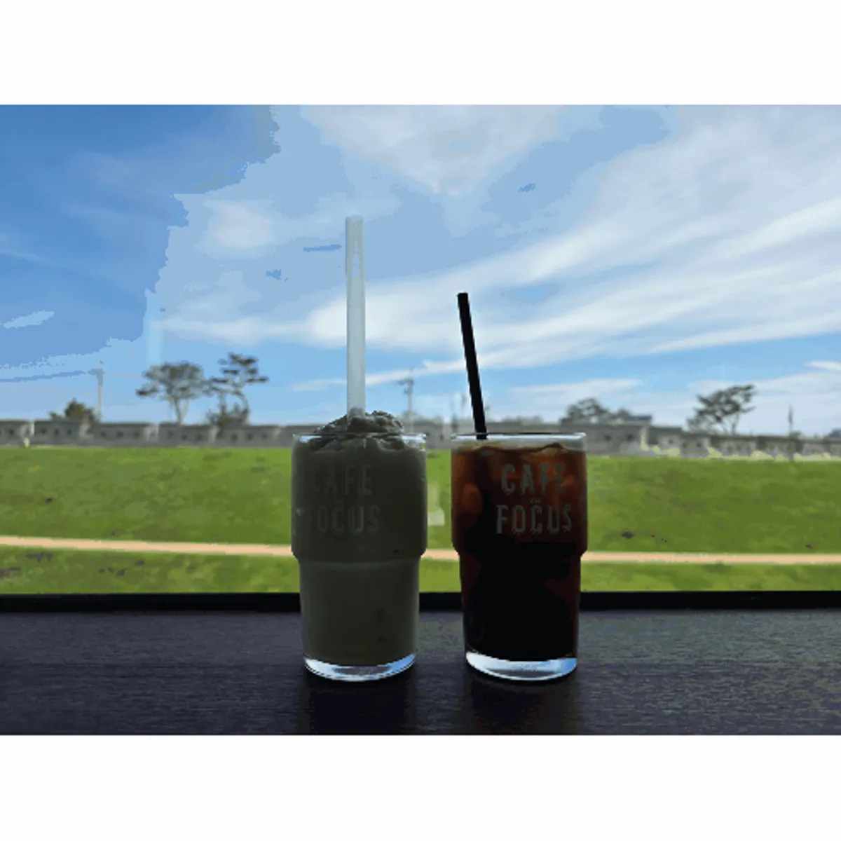 Iced americano, avocado smoothie, and choco fig ciabatta