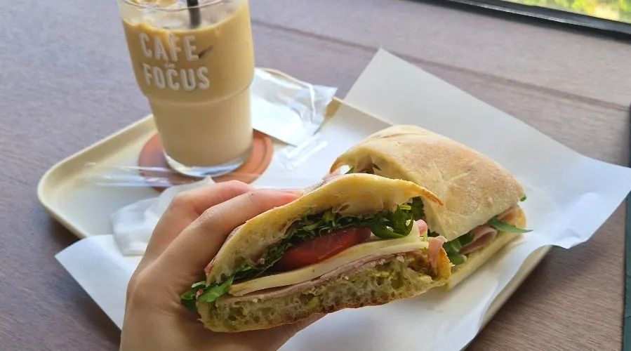 A large, hearty ciabatta sandwich