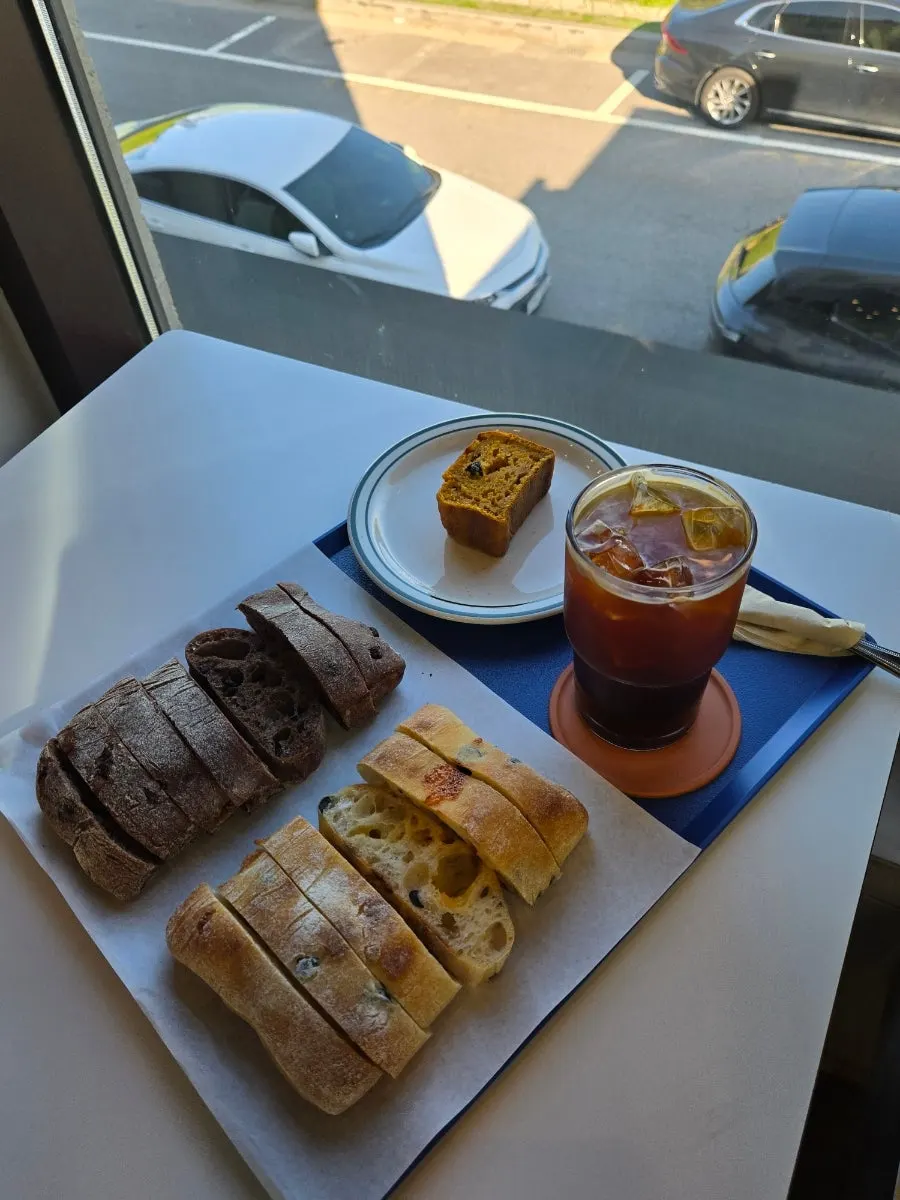 Iced americano and olive cheese ciabatta
