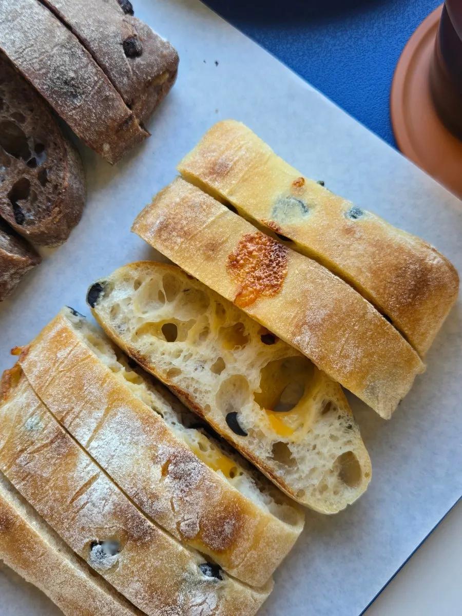 Olive cheese ciabatta with cheese and olives baked in