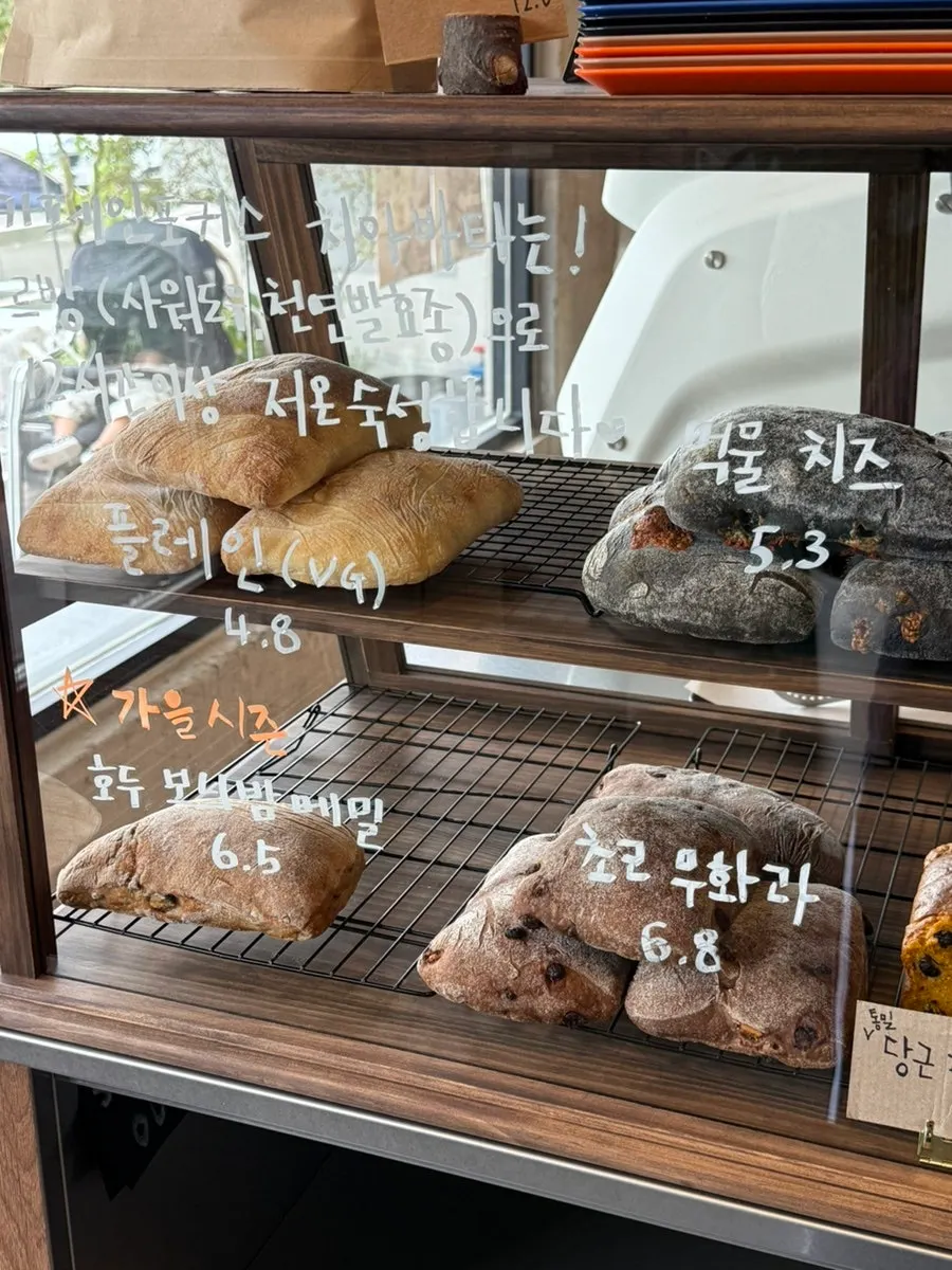 Display case of sourdough ciabatta at Caffeine Focus