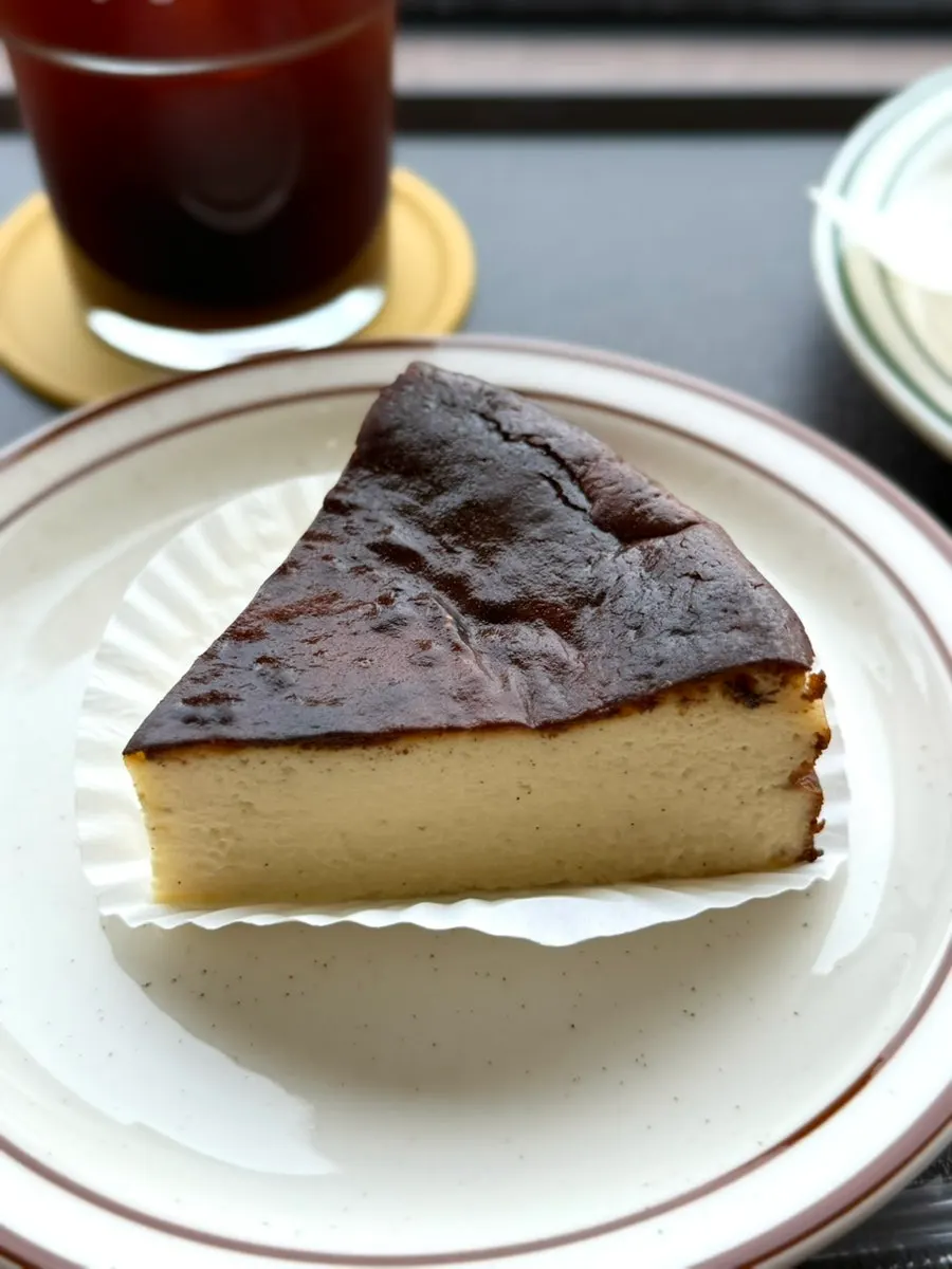 A slice of vanilla bean Basque cheesecake