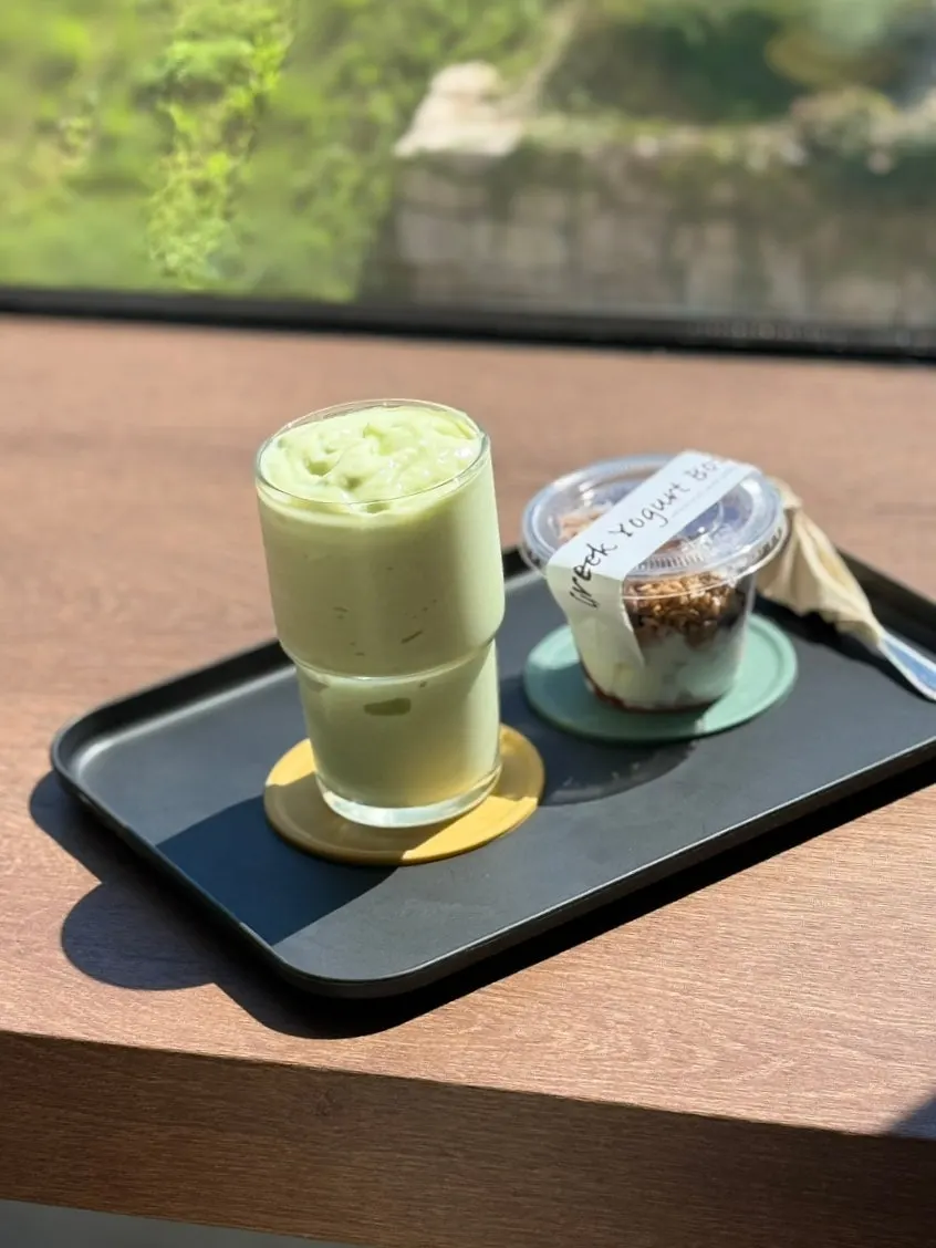 Avocado smoothie and Greek yogurt bowl on the table