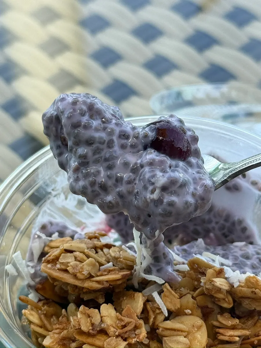 Close-up of the cardamom granola Greek yogurt bowl