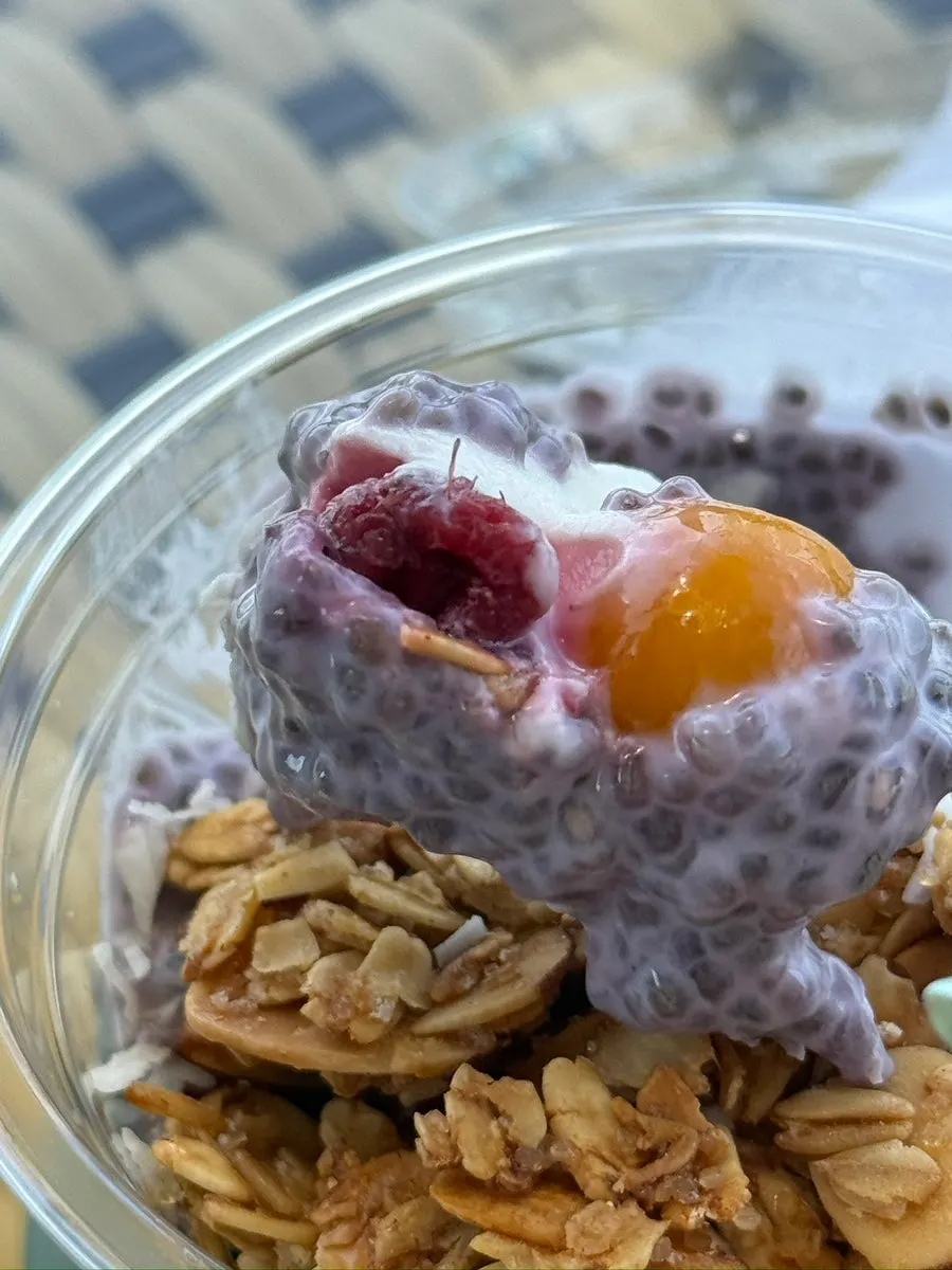 Greek yogurt bowl topped with chia seeds and fruit