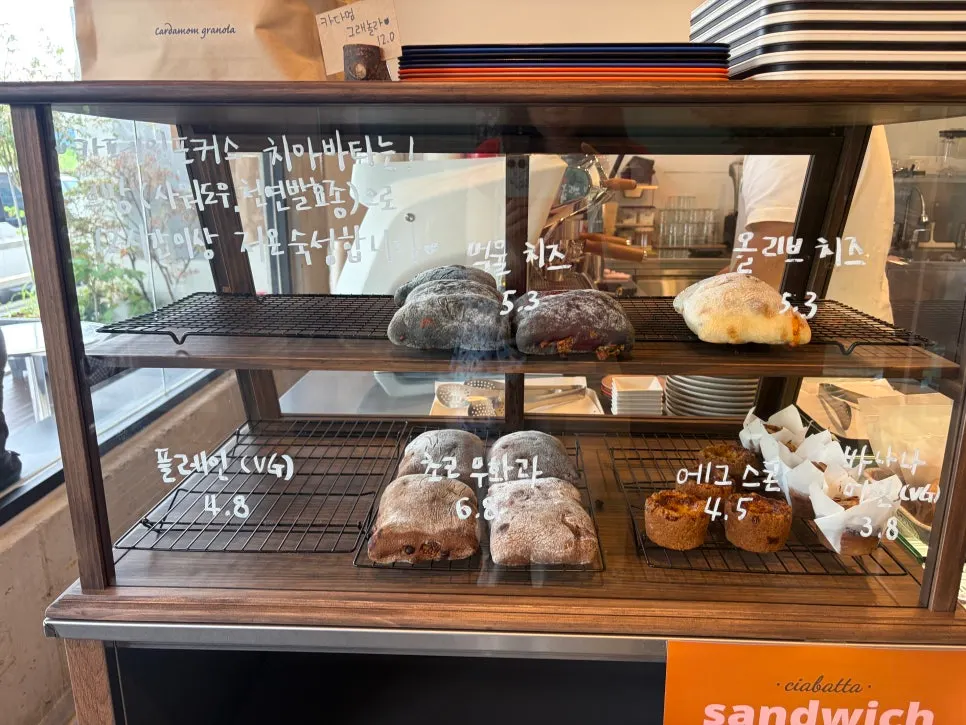 Bread and desserts on display at Caffeine Focus's bakery counter