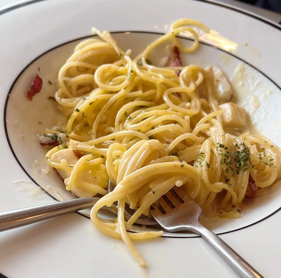 Noodles coated in thick cream sauce