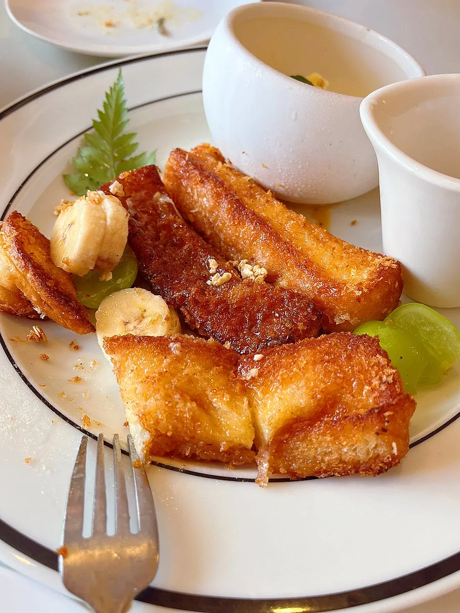 Moist French toast cut with a fork