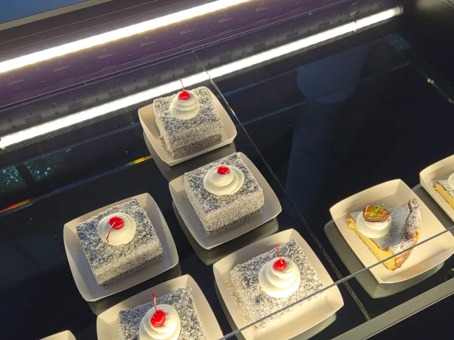 Black sesame cake on display at MUG