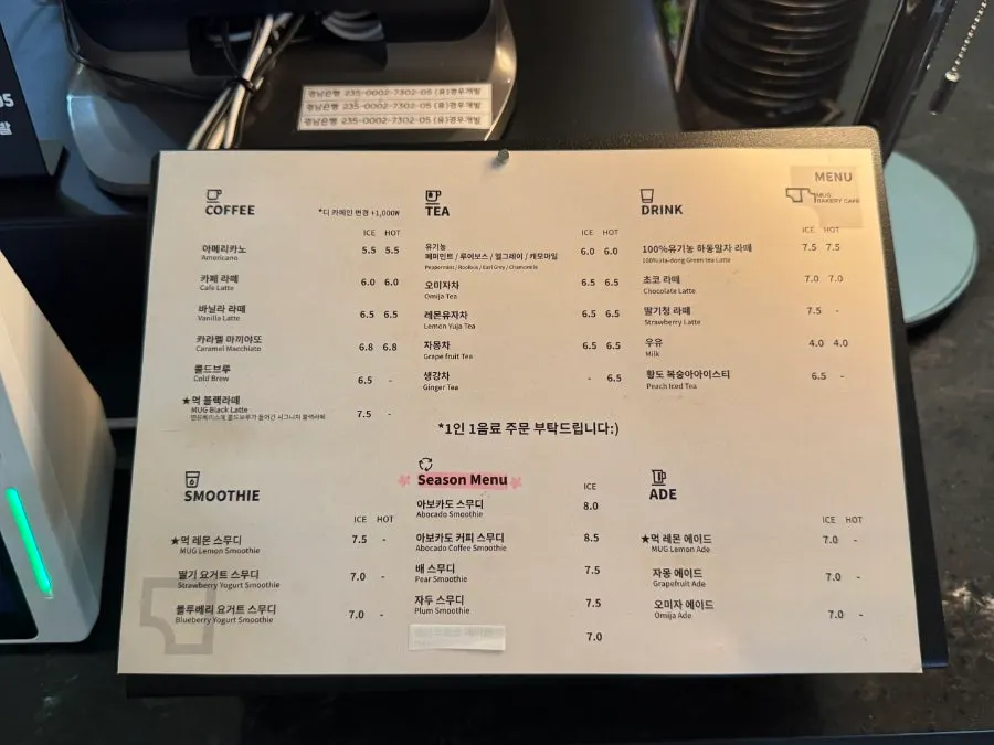 MUG's menu board