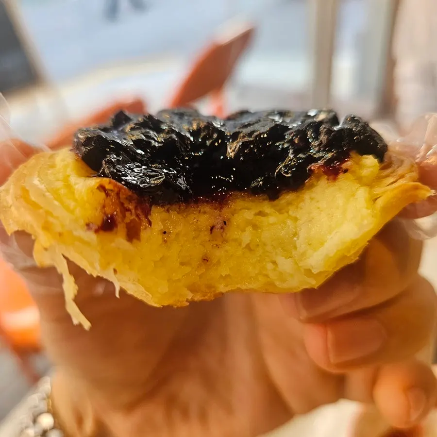 Close-up of blueberry cream cheese egg tart