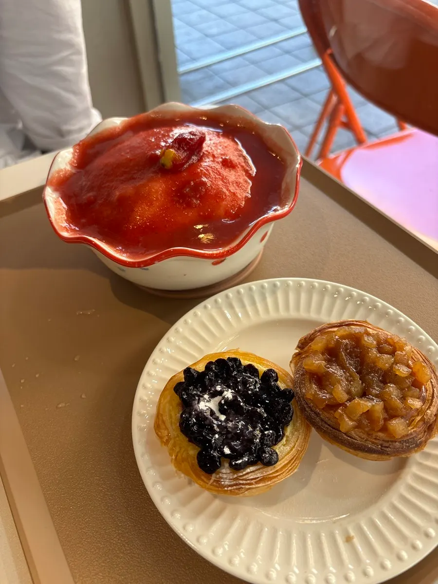Table with egg tarts and bingsu together