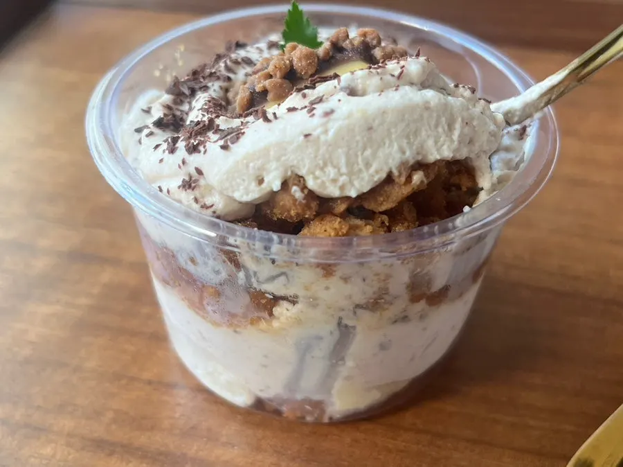 Cross-section of the chestnut tiramisu showing cream and bread