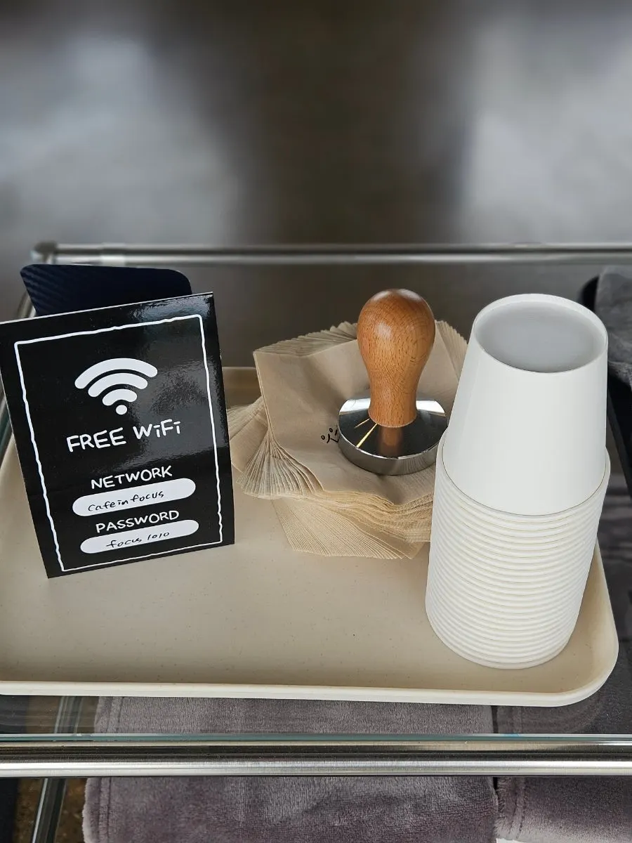 Water and tissues provided on the 3rd floor of Caffeine Focus