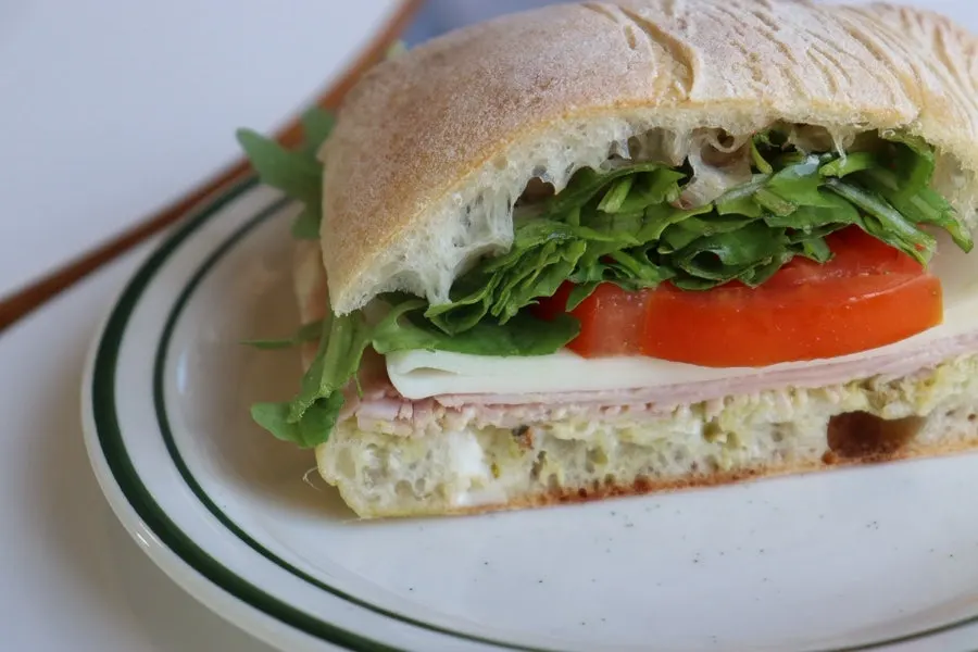 Ciabatta filling of basil pesto and mozzarella cheese