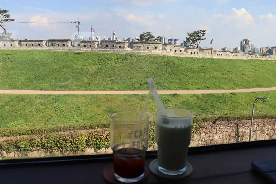 Hwaseong Fortress wall view stretching out from Caffeine Focus's window