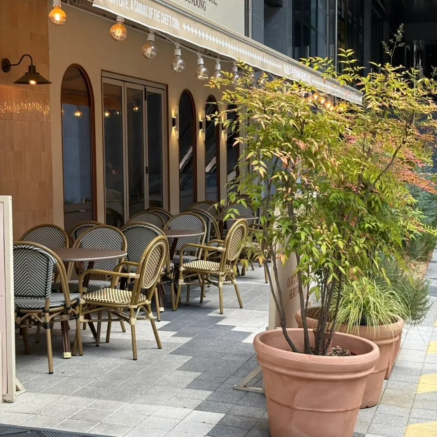 Camel Orzo's outdoor terrace with rattan chairs and potted plants