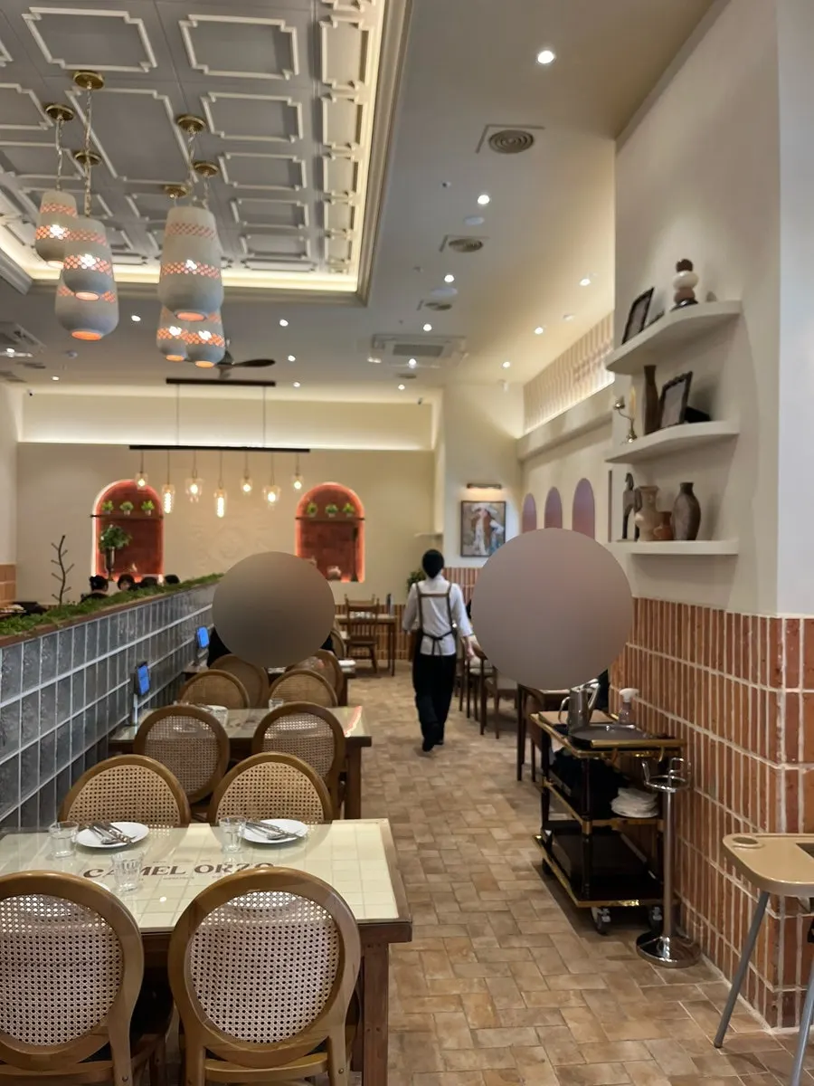 View of seating inside Camel Orzo