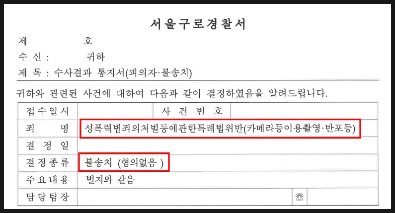 카메라등이용촬영죄 혐의없음 수사결과 통지서