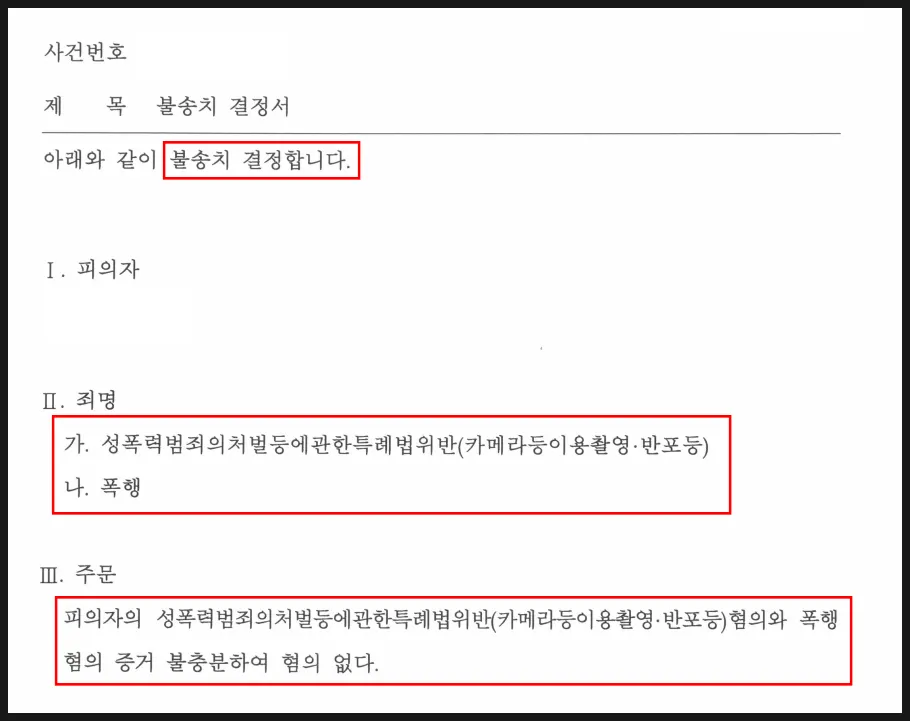 카메라등이용촬영죄 혐의없음 불송치 결정서