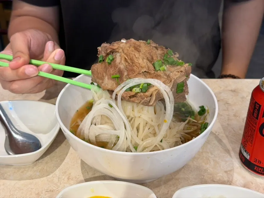 Close-up of the pork backbone in the pho