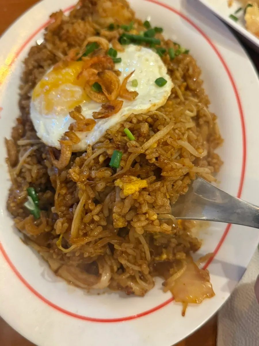 Close-up of fluffy stir-fried seafood fried rice