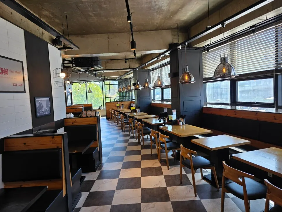 Interior with checkerboard tile flooring