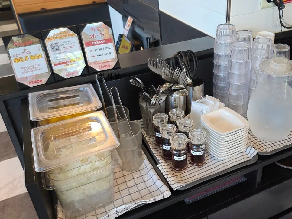 Self bar with pickled onion and sauces