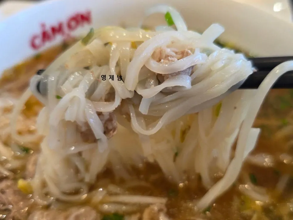 Close-up of pho noodles and meat